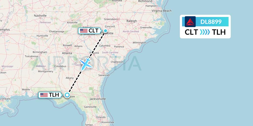 DL8899 Delta Air Lines Flight Map: Charlotte to Tallahassee