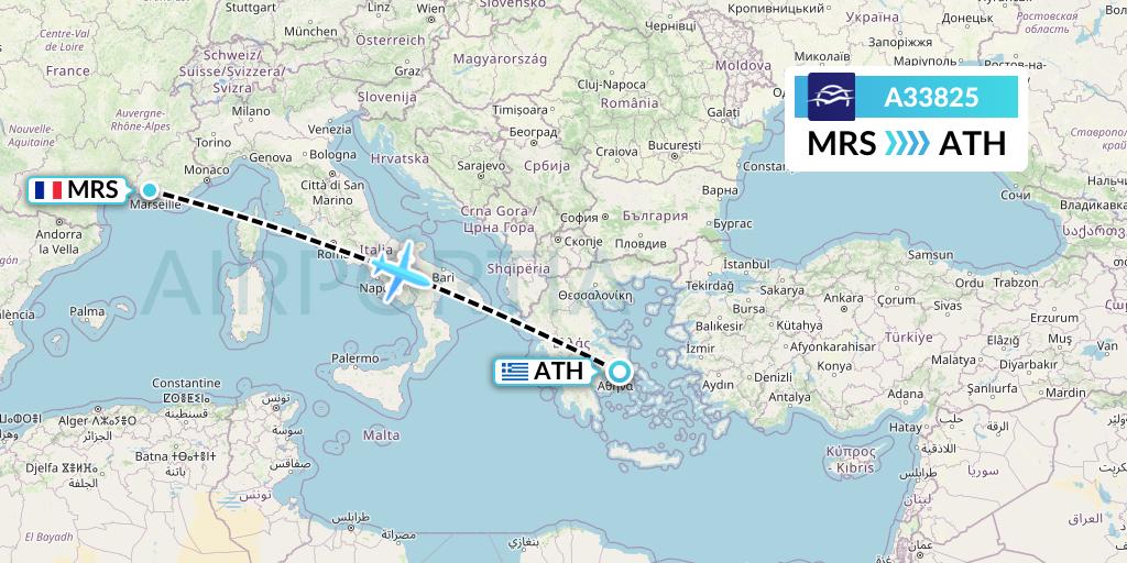 A33825 Aegean Airlines Flight Map: Marseille to Athens