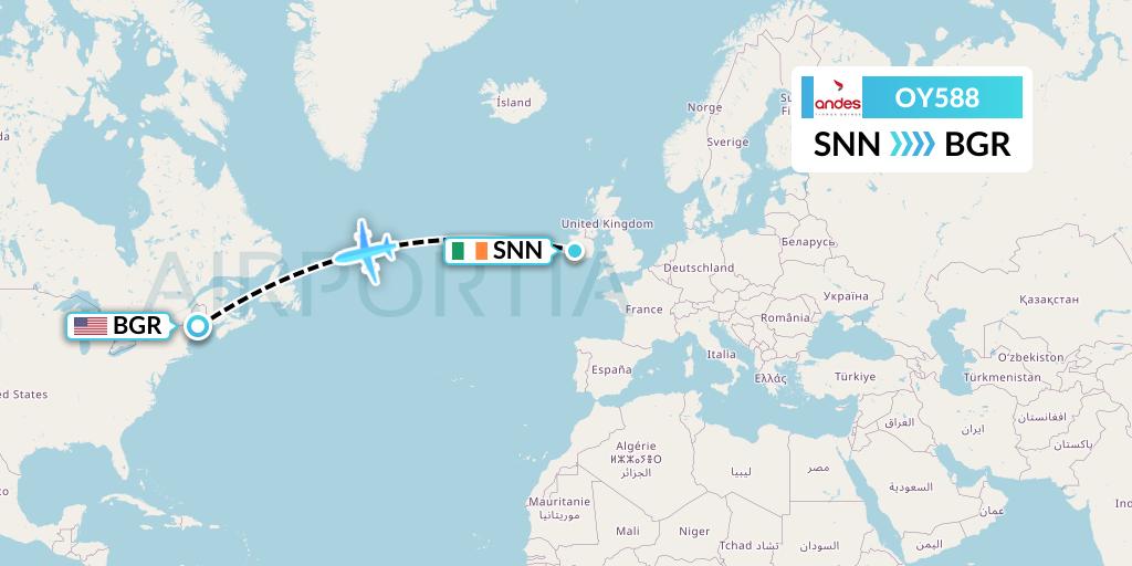 OY588 Omni Air International Flight Map: Shannon to Bangor