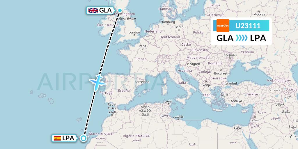 U23111 EasyJet Flight Map: Glasgow to Las Palmas