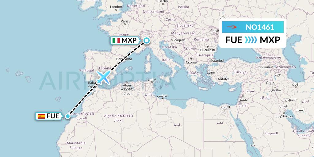 NO1461 Neos Flight Map: Fuerteventura to Milan