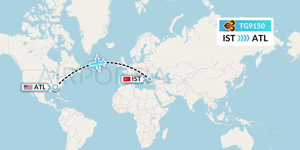 TG9150 Thai Airways Flight Map: Istanbul to Atlanta