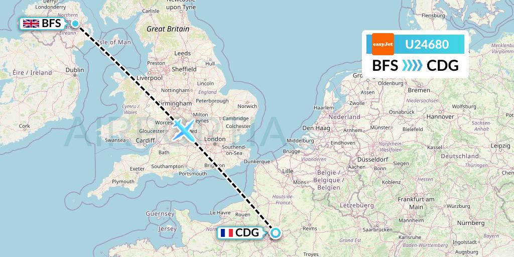 U24680 EasyJet Flight Map: Belfast to Paris