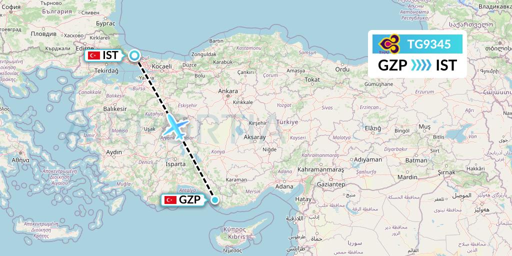 TG9345 Thai Airways Flight Map: Gazipasa to Istanbul