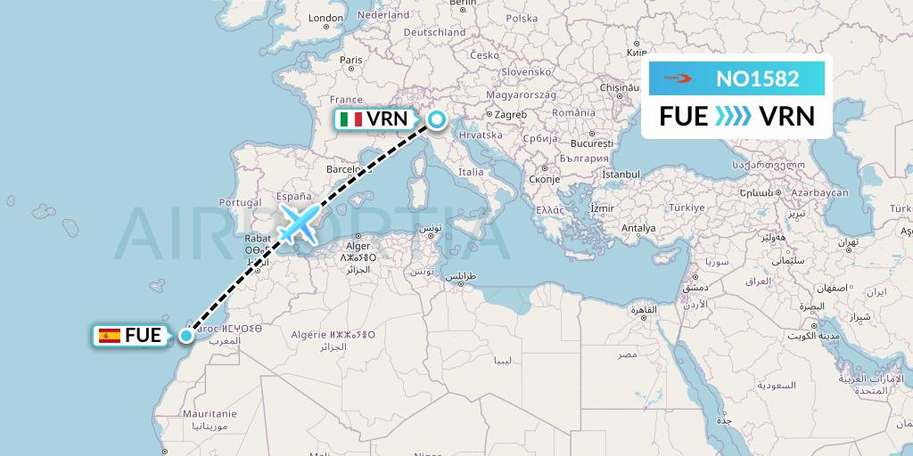 NO1582 Neos Flight Map: Fuerteventura to Verona
