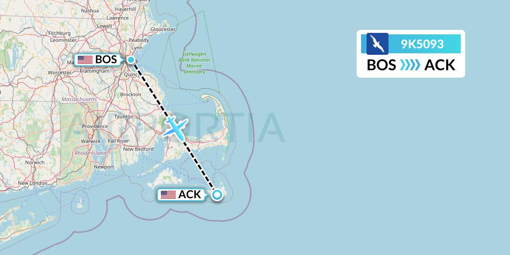 9K5093 Cape Air Flight Map: Boston to Nantucket