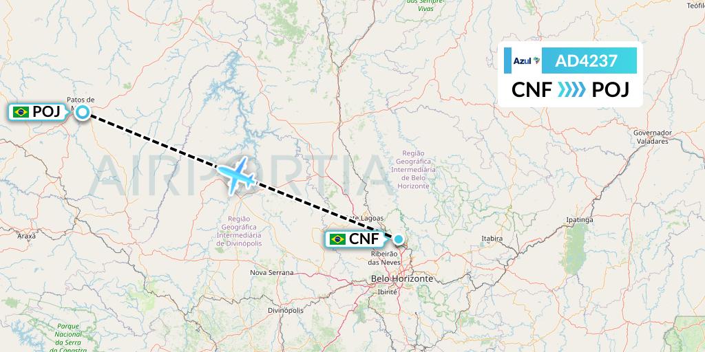 AD4237 Azul Brazilian Airlines Flight Map: Belo Horizonte to Patos de Minas
