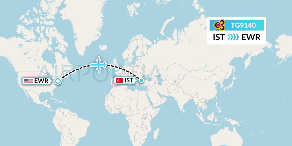 TG9140 Thai Airways Flight Map: Istanbul to New York
