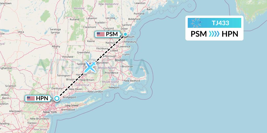 TJ433 Tradewind Aviation Flight Map: Portsmouth to White Plains