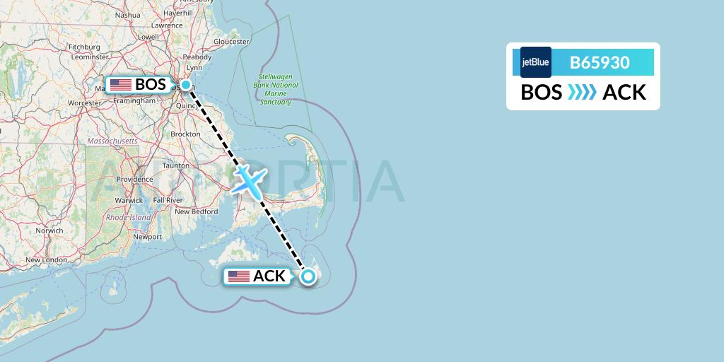 B65930 JetBlue Airways Flight Map: Boston to Nantucket