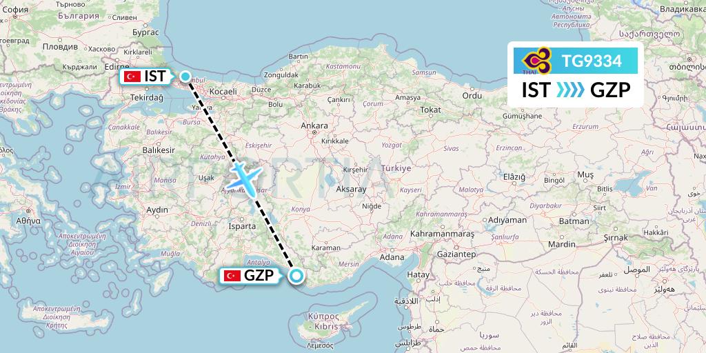 TG9334 Thai Airways Flight Map: Istanbul to Gazipasa
