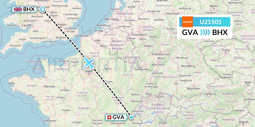 U21505 EasyJet Flight Map: Geneva to Birmingham