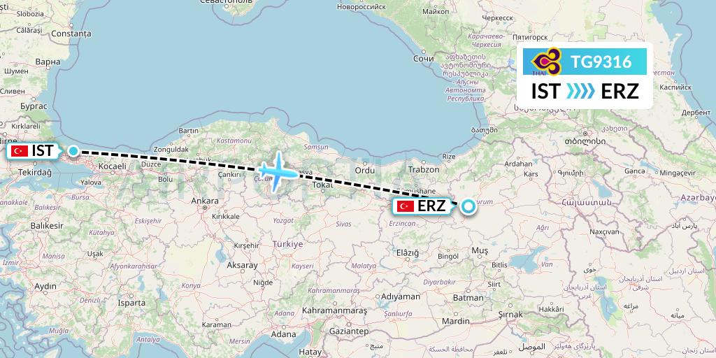 TG9316 Thai Airways Flight Map: Istanbul to Erzurum