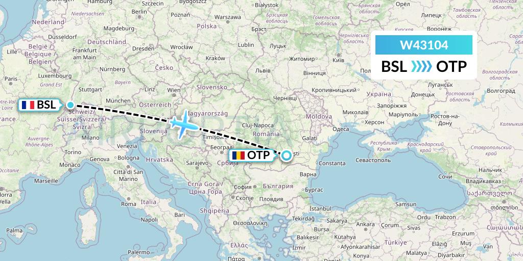 W43104 Wizz Air Malta Flight Map: Basel to Bucharest