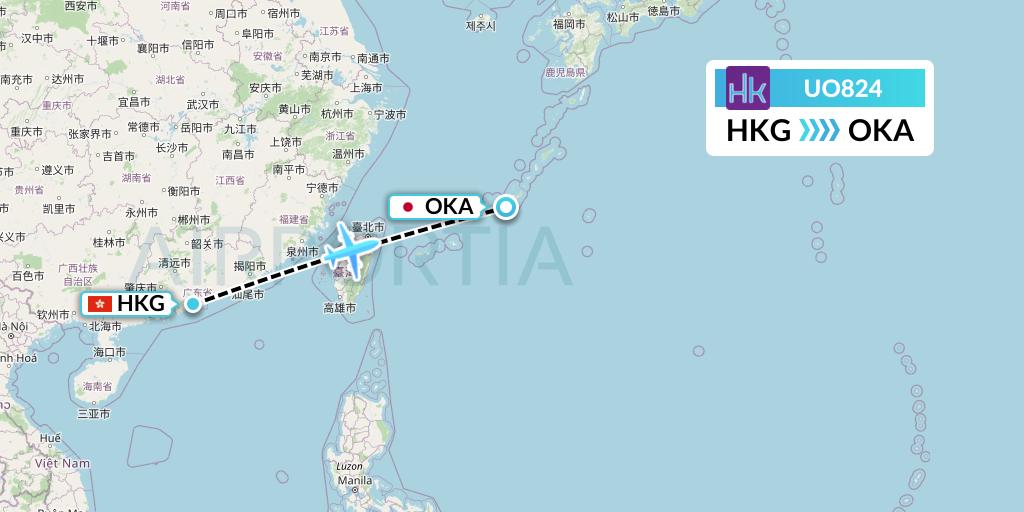 UO824 Hong Kong Express Flight Map: Hong Kong to Naha