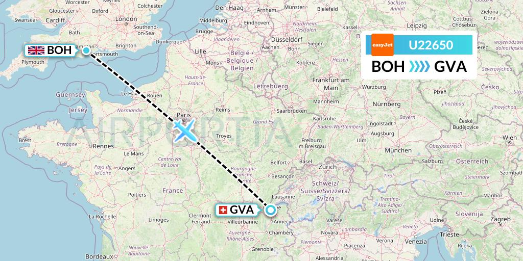 U22650 EasyJet Flight Map: Bournemouth to Geneva