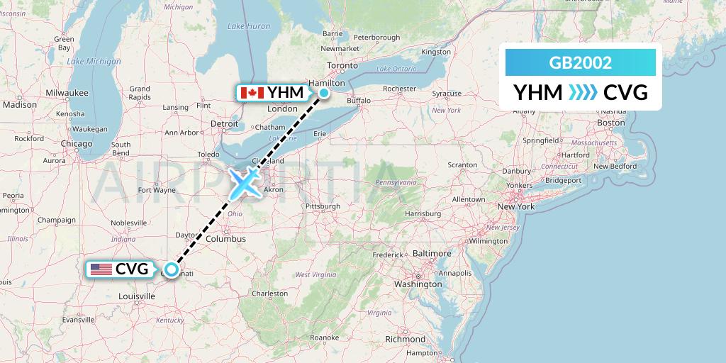 GB2002 ABX Air Flight Map: Hamilton to Cincinnati