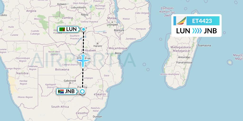 ET4423 Ethiopian Airlines Flight Map: Lusaka to Johannesburg