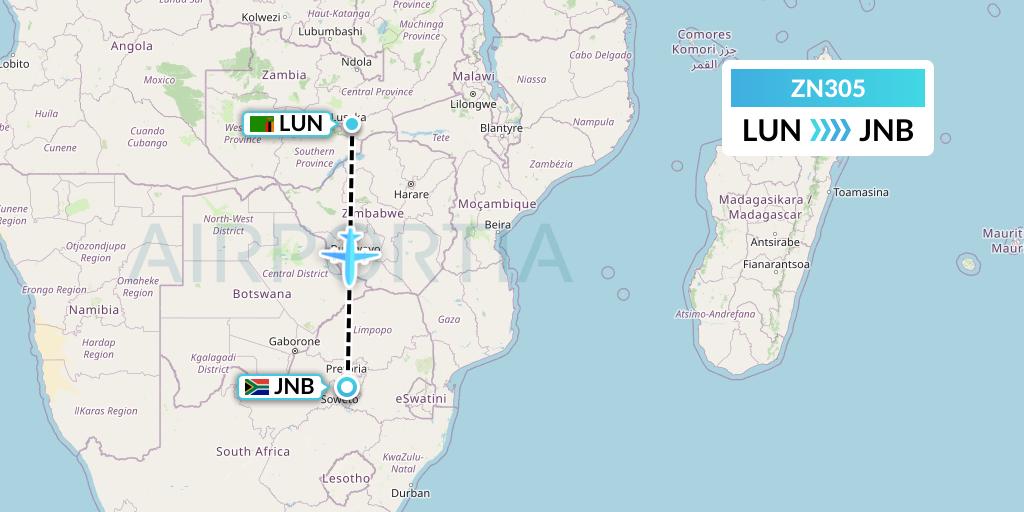 ZN305 Zambia Airways Flight Map: Lusaka to Johannesburg