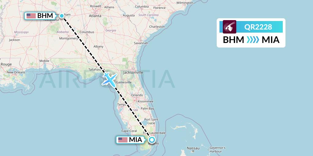 QR2228 Qatar Airways Flight Map: Birmingham to Miami