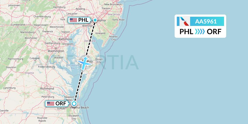 AA5961 American Airlines Flight Map: Philadelphia to Norfolk
