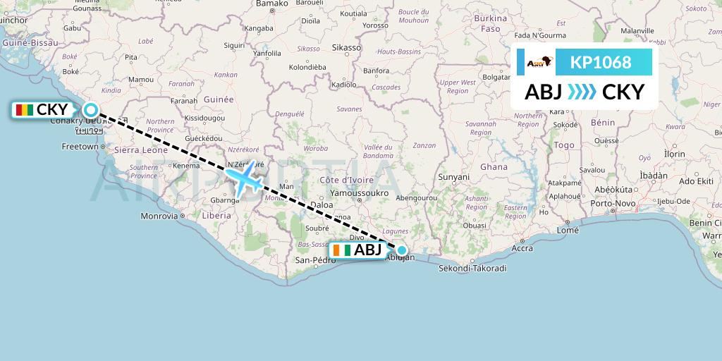 KP1068 ASKY Flight Map: Abidjan to Conakry
