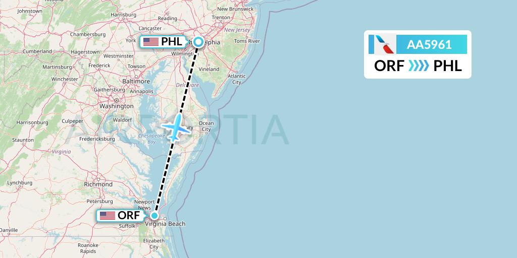 AA5961 American Airlines Flight Map: Norfolk to Philadelphia