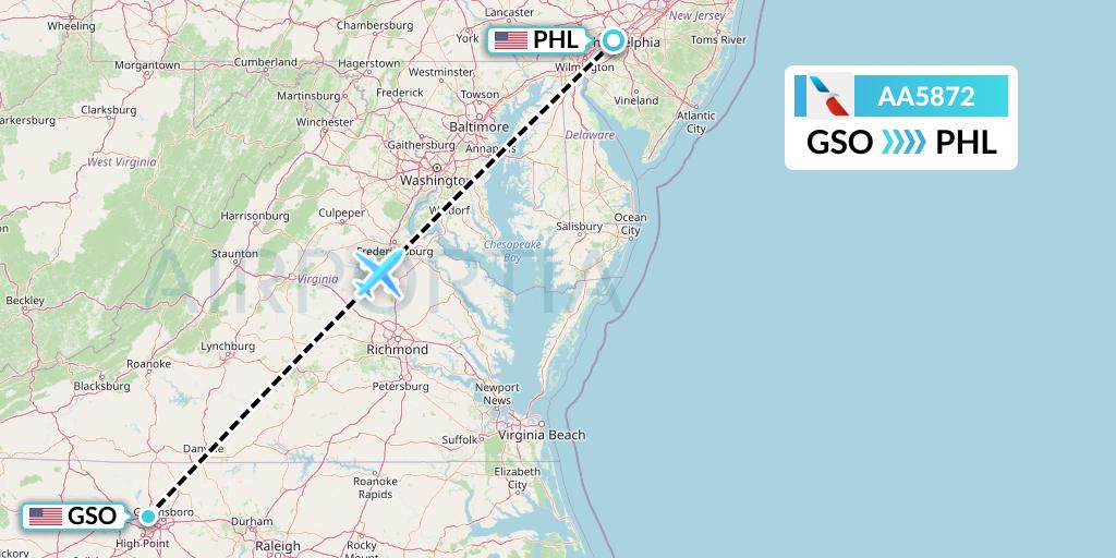 AA5872 American Airlines Flight Map: Greensboro to Philadelphia