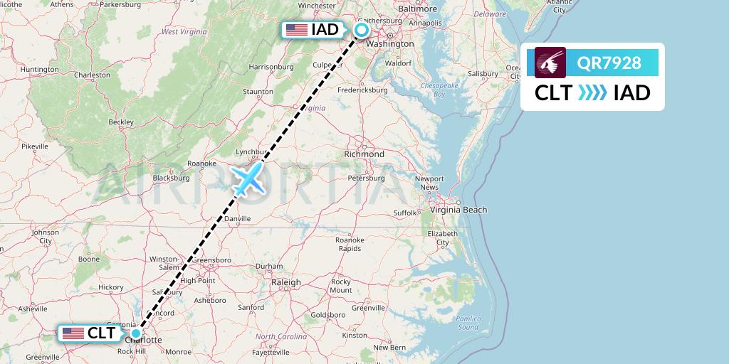 QR7928 Qatar Airways Flight Map: Charlotte to Washington