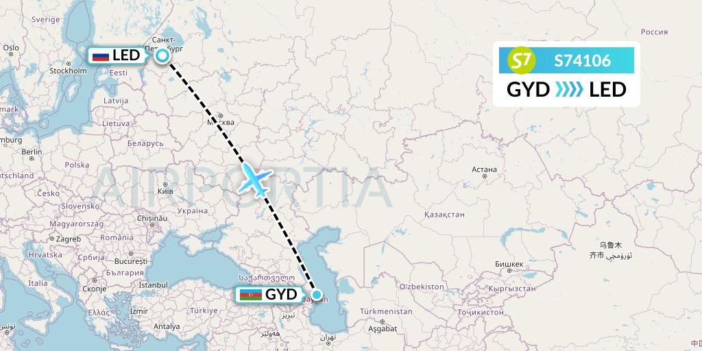 S74106 S7 Airlines Flight Map: Baku to St. Petersburg