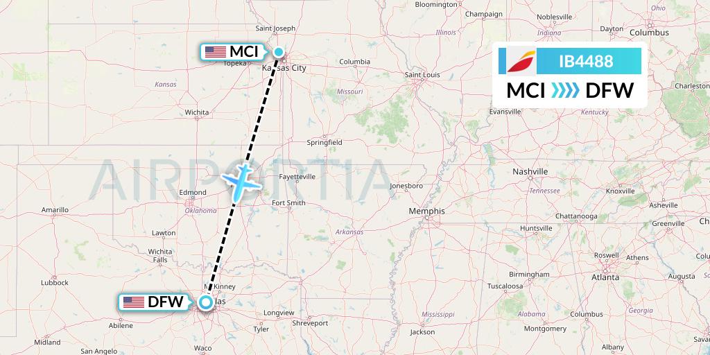 IB4488 Iberia Flight Map: Kansas City to Dallas