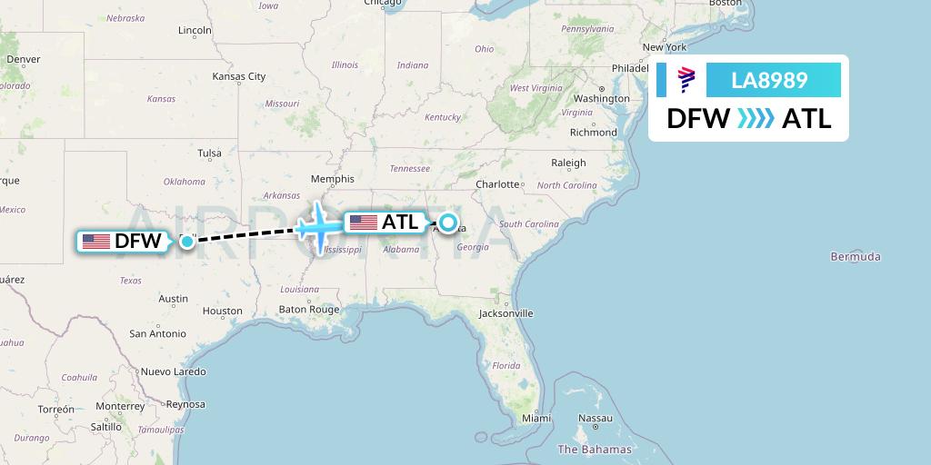 LA8989 LAN Airlines Flight Map: Dallas to Atlanta