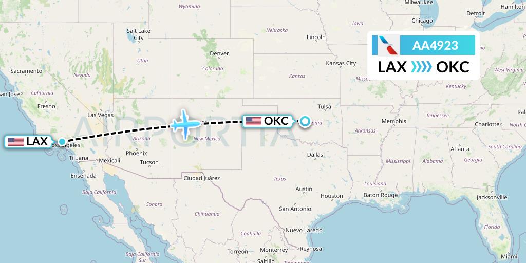 AA4923 American Airlines Flight Map: Los Angeles to Oklahoma City