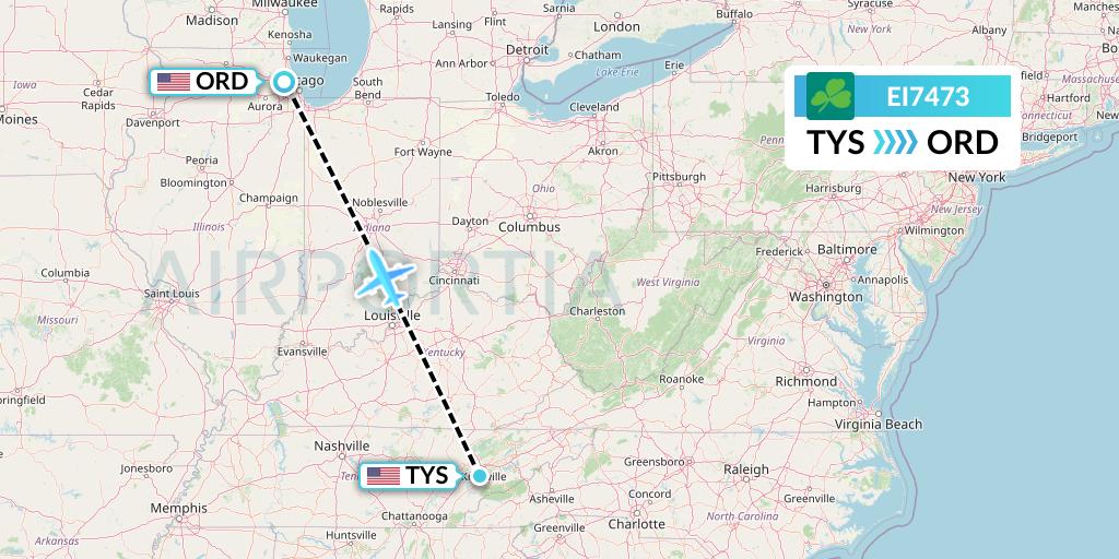 EI7473 Aer Lingus Flight Map: Knoxville to Chicago