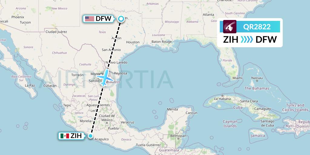 QR2822 Qatar Airways Flight Map: Zihuatanejo to Dallas