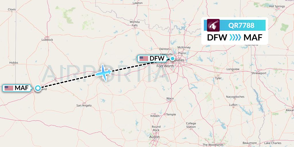 QR7788 Qatar Airways Flight Map: Dallas to Midland
