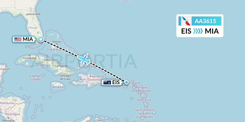 AA3615 American Airlines Flight Map: Beef Island to Miami