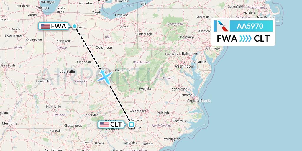 AA5970 American Airlines Flight Map: Fort Wayne to Charlotte