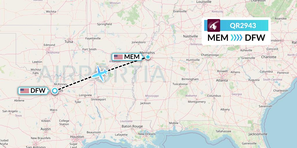 QR2943 Qatar Airways Flight Map: Memphis to Dallas