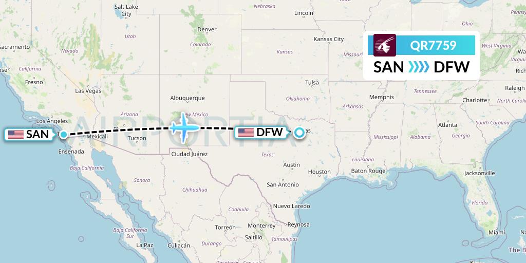 QR7759 Qatar Airways Flight Map: San Diego to Dallas