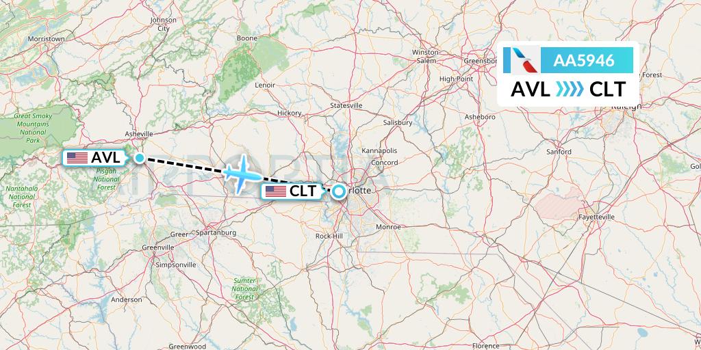 AA5946 American Airlines Flight Map: Asheville to Charlotte