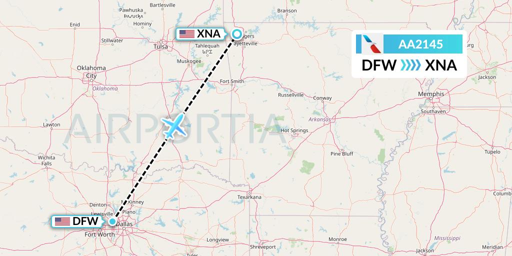 AA2145 American Airlines Flight Map: Dallas to Bentonville
