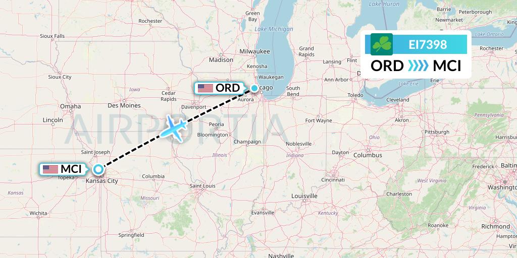 EI7398 Aer Lingus Flight Map: Chicago to Kansas City