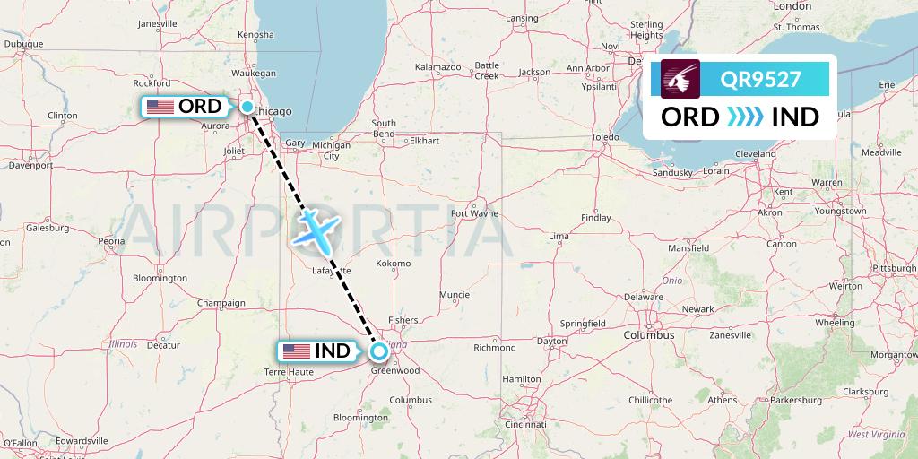 QR9527 Qatar Airways Flight Map: Chicago to Indianapolis
