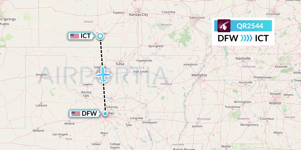 QR2544 Qatar Airways Flight Map: Dallas to Wichita