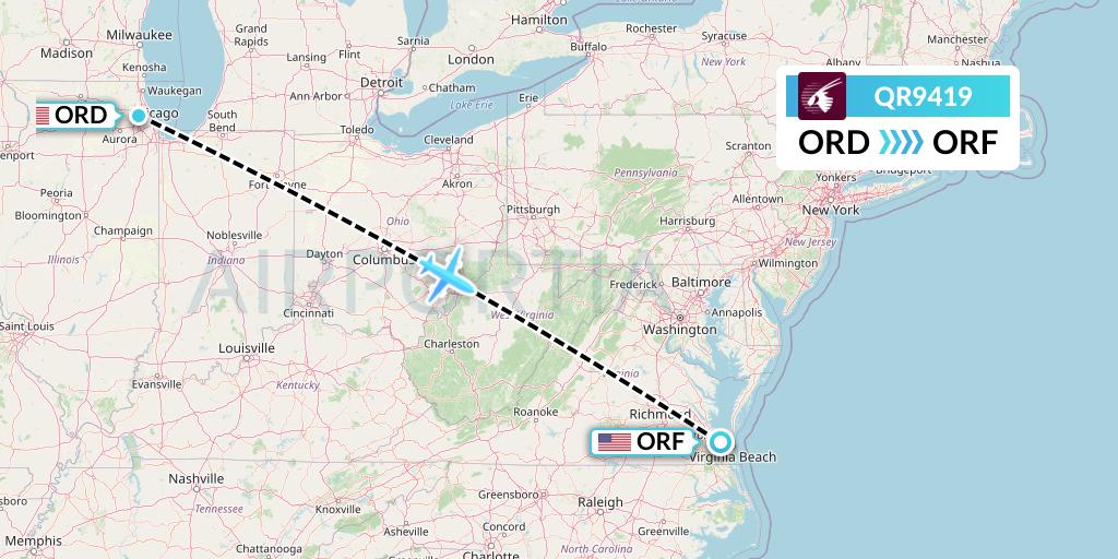 QR9419 Qatar Airways Flight Map: Chicago to Norfolk