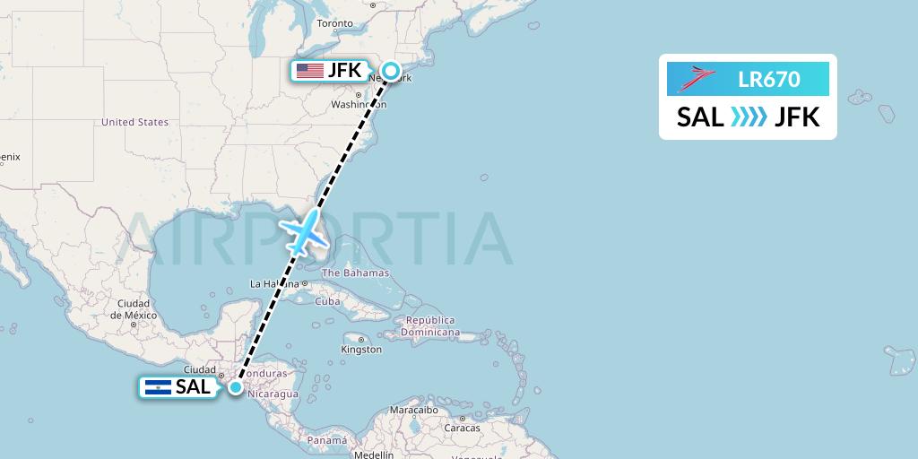 LR670 Lacsa Flight Map: San Salvador to New York