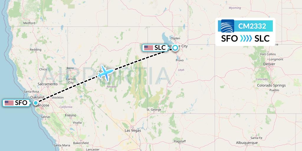 CM2332 Copa Airlines Flight Map: San Francisco to Salt Lake City