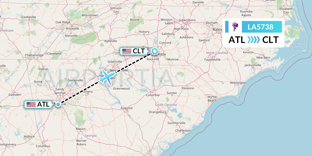 LA5738 LAN Airlines Flight Map: Atlanta to Charlotte