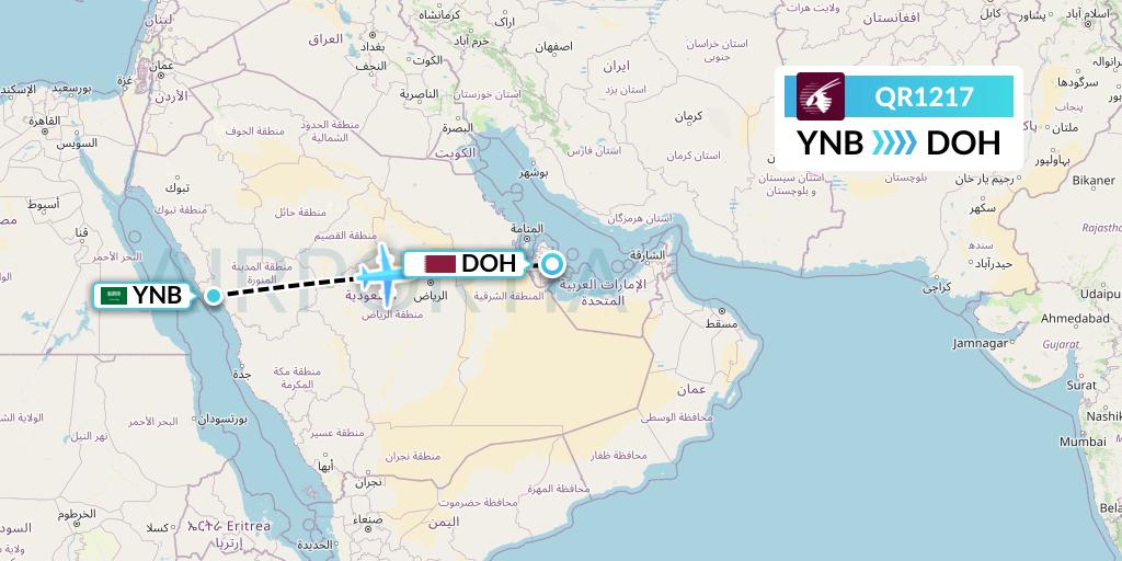 QR1217 Qatar Airways Flight Map: Yanbu to Doha